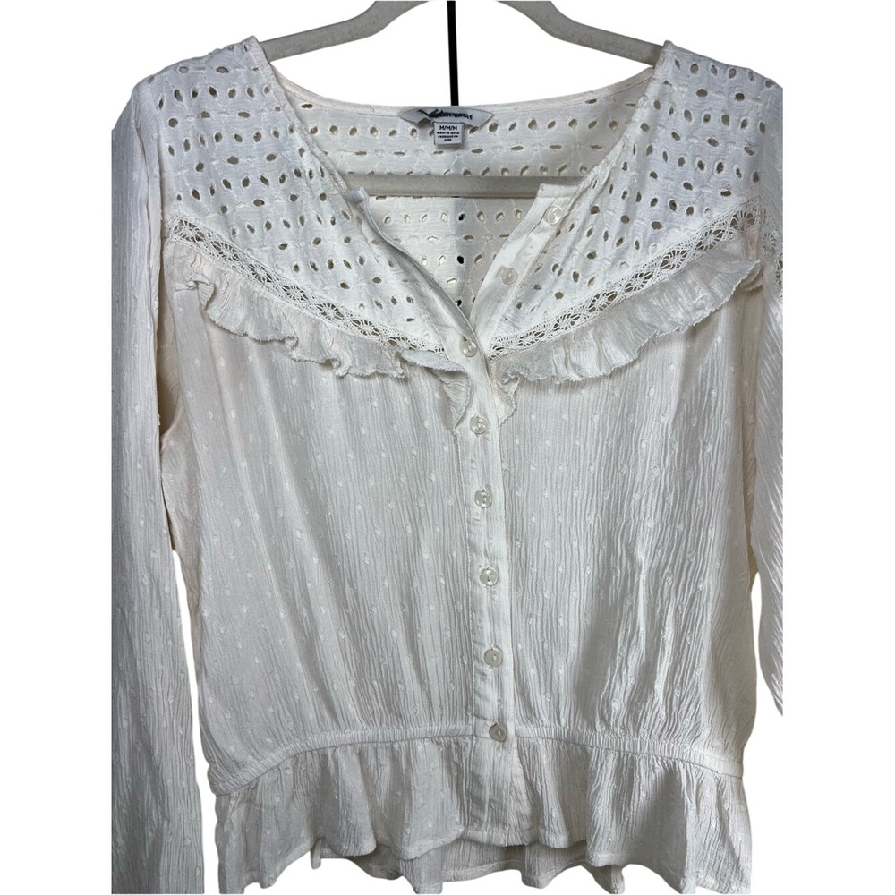 American Eagle Cream Eyelet Ruffle Boho Peplum Blouse Size Medium - Picture 3 of 10